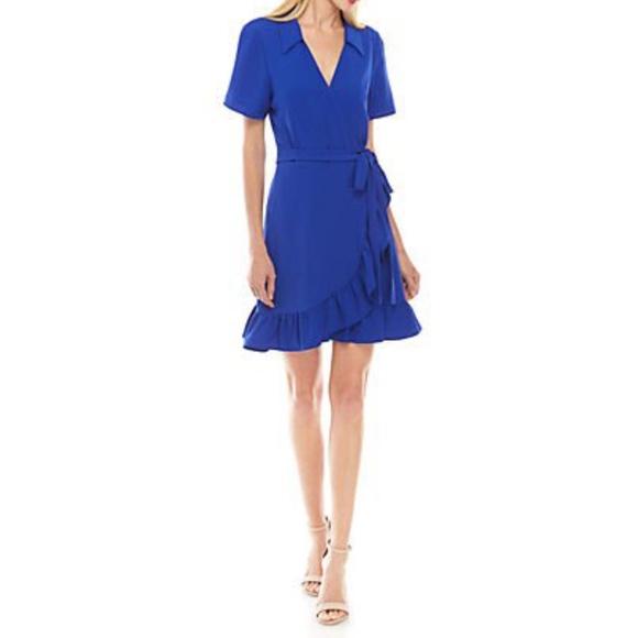 Short Sleeve Collar Ruffle Wrap Dress - Picture 1 of 5